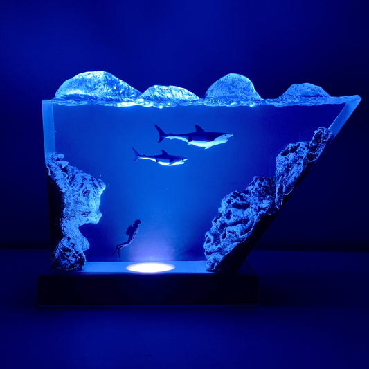 Mother shark and Baby shark light night, Underwater Adventure: Unique Resin Wood Night, Gift for Kid, Personalized Ocean Lamp, Unique Lamp